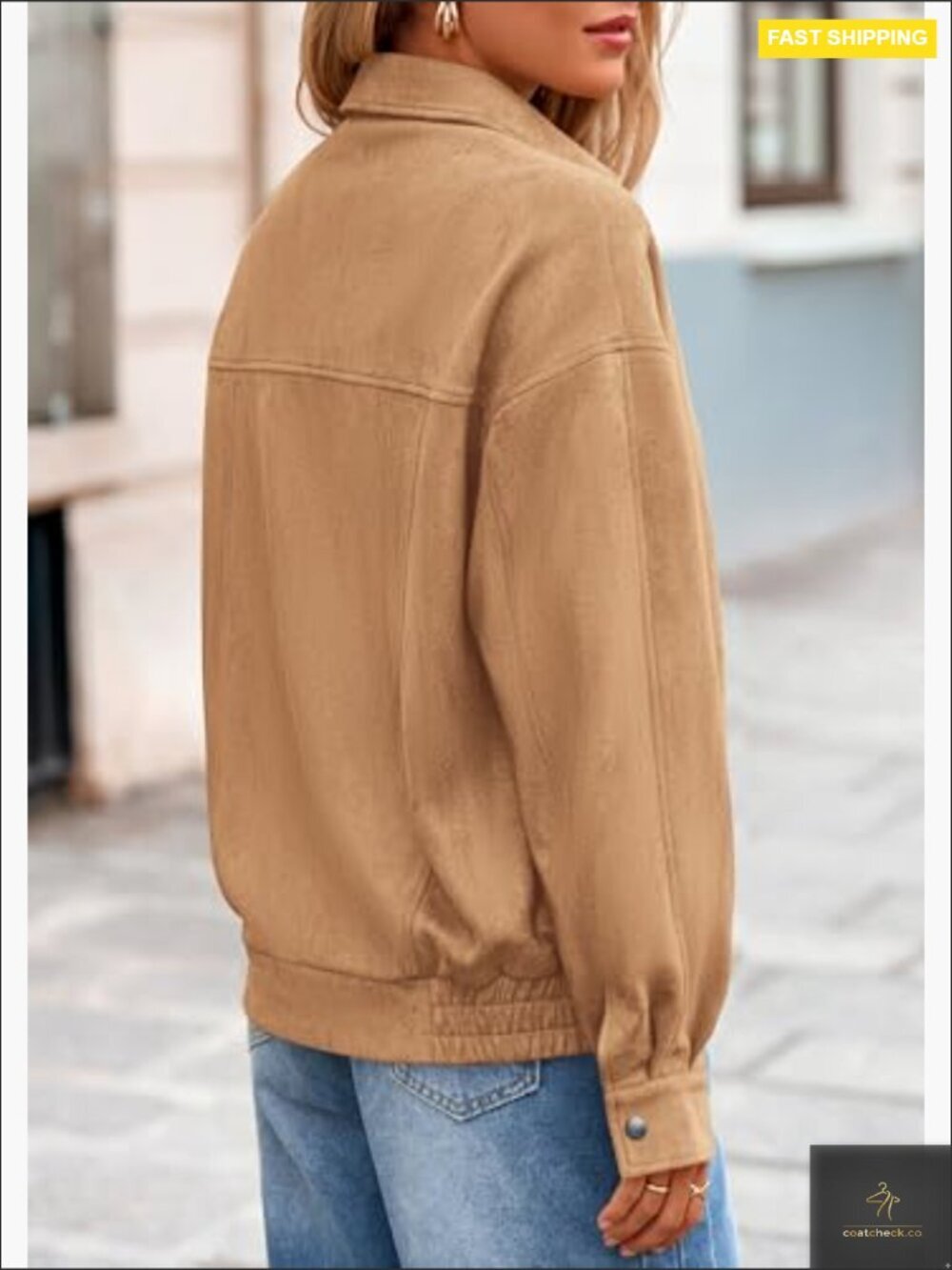 Faux Suede Bomber Jacket Oversized Relaxed Fit Zip Up Casual Outerwear - Picture 6 of 7